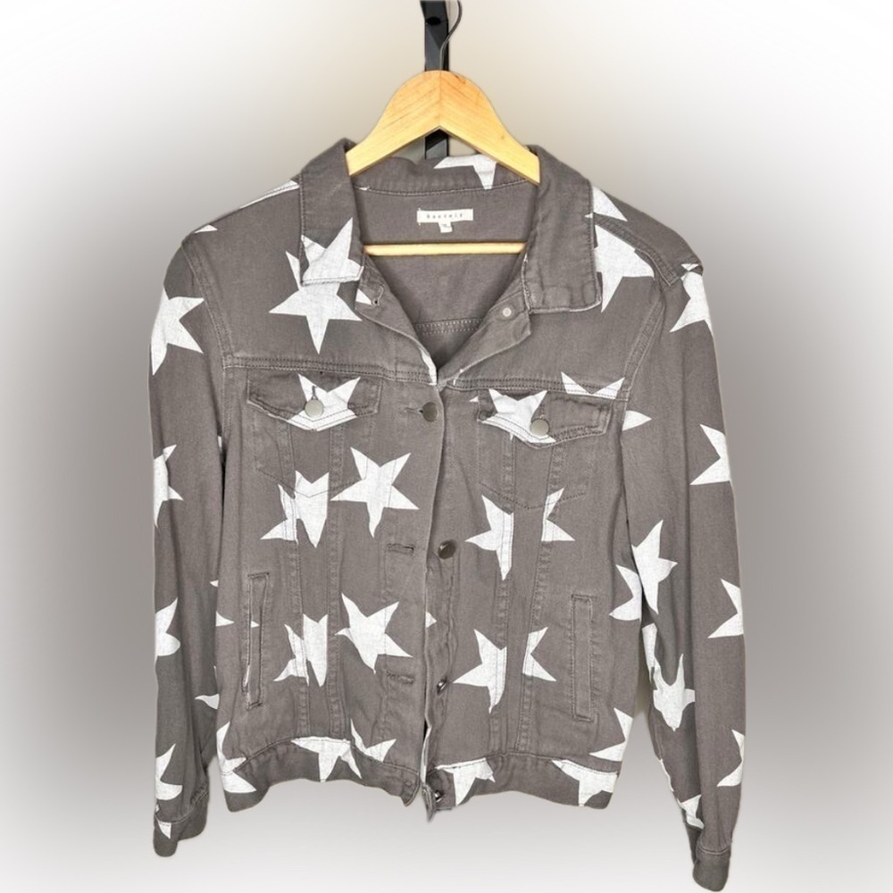 ☀️BaeVely Jacket Cropped Denim Button Front Long Sleeves Star Print Gray M